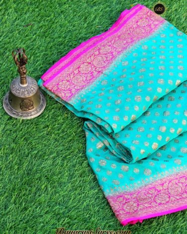 Pure Banarasi Handloom Khaddi Chiffon Turquoise Color Neem Zari Saree