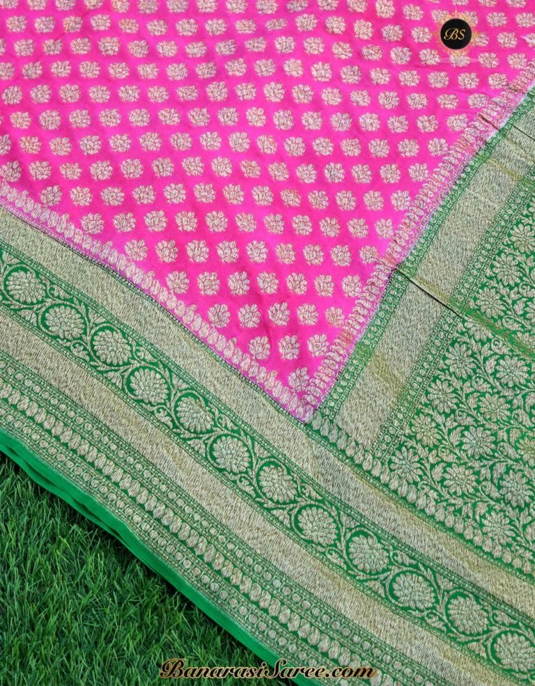 Pure Banarasi Handloom Khaddi Chiffon Pink Color Antique Zari Booty Saree - Image 2