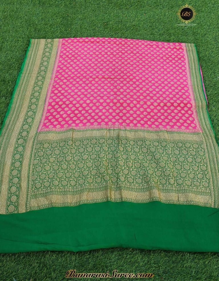Pure Banarasi Handloom Khaddi Chiffon Pink Color Antique Zari Booty Saree - Image 3