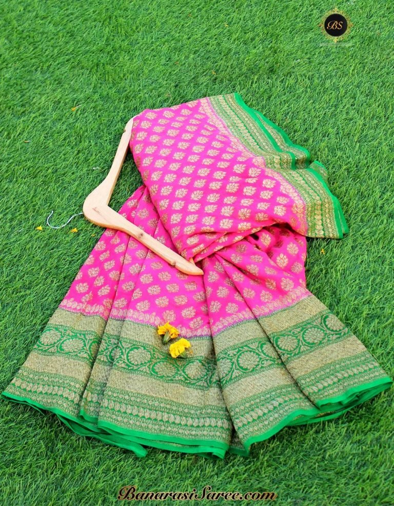 Pure Banarasi Handloom Khaddi Chiffon Pink Color Antique Zari Booty Saree