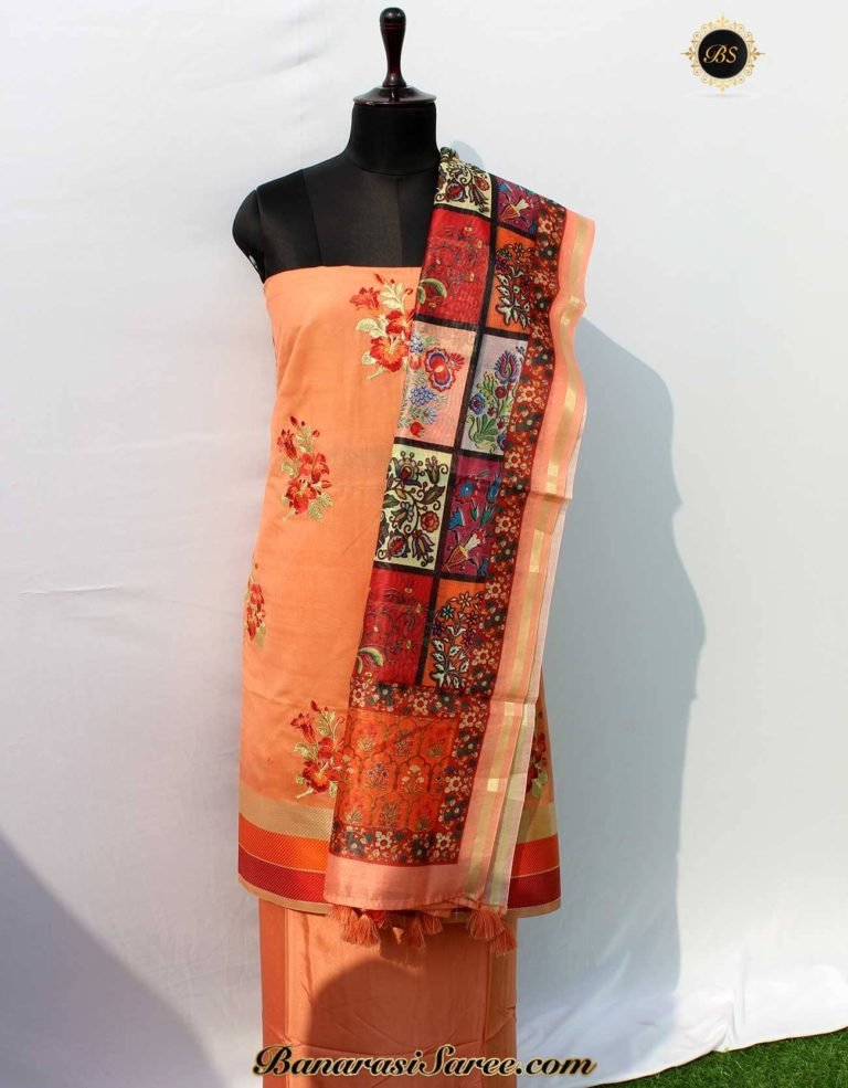 Banarasi Handloom Cotton Silk Orange Color Suit