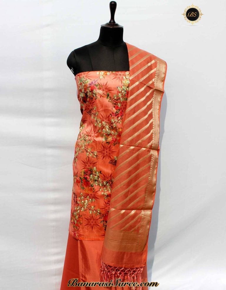 Banarasi Handloom Cotton Silk Printed Coral Color Suit