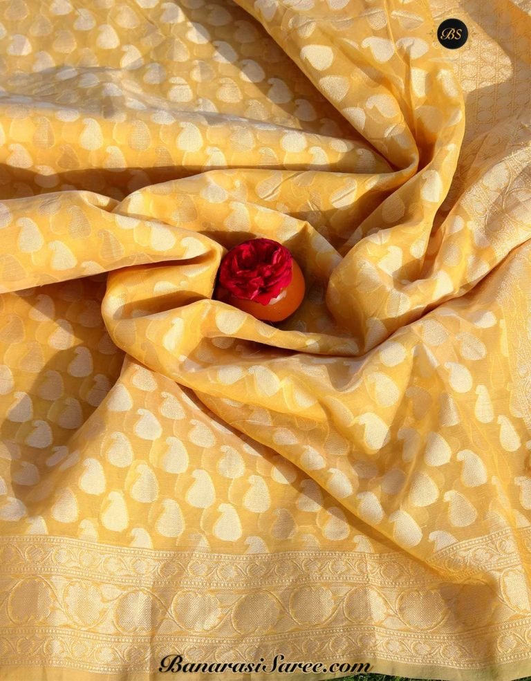 Banarasi Handloom Kora Silk Resham and Golden Zari Booty Saree