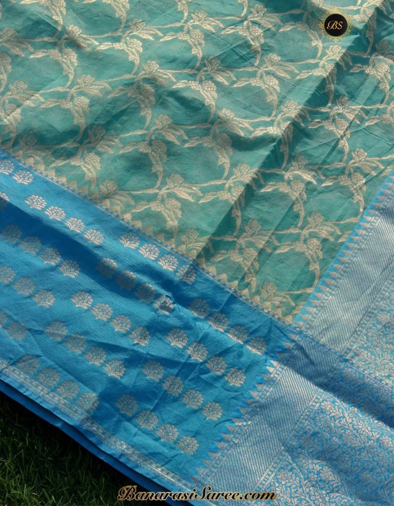 Banarasi Handloom Kora Silk Zari Jaal Saree - Image 2