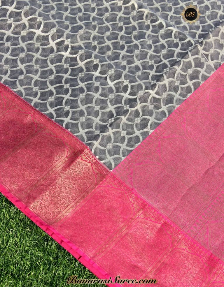 Banarasi Handloom Kora Cotton Thread Jaal Skirt Border Saree - Image 2