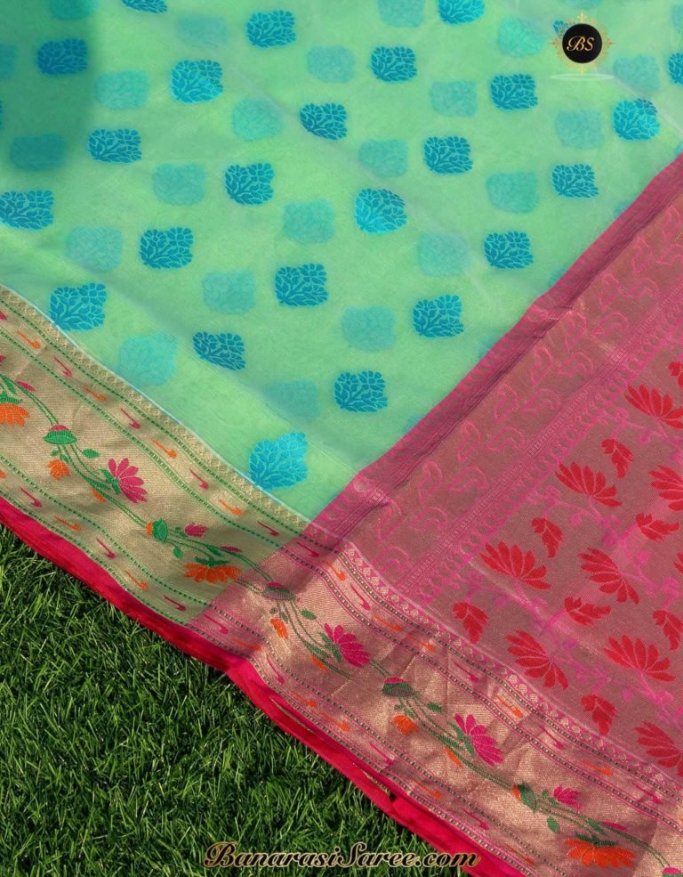 Banarasi Handloom Kora Cotton Resham Boota Alfi Border Saree - Image 2