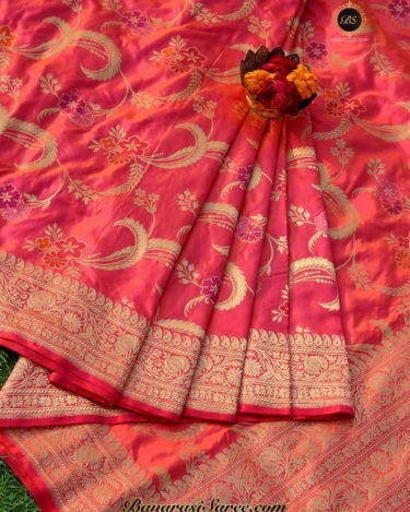 Pure Banarasi Katan Silk Pink Color Zari Jaal Saree