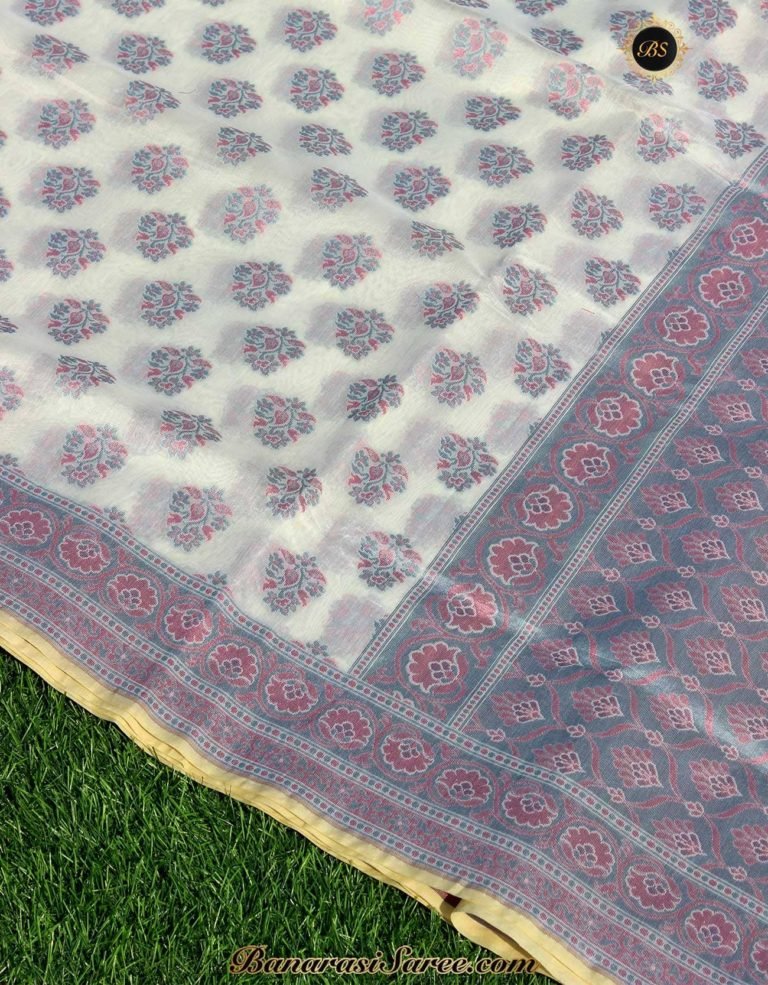 Banarasi Handloom Off White Color Cotton Boota Saree - Image 2