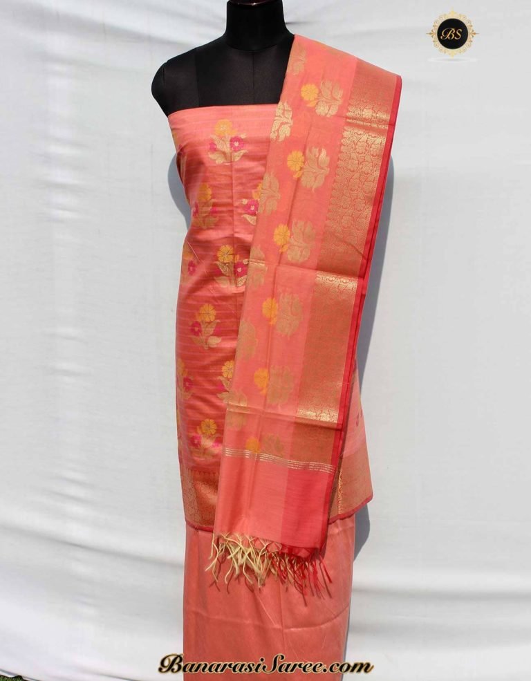 Banarasi Handloom Peach Color Zari & Resham Boota Suit
