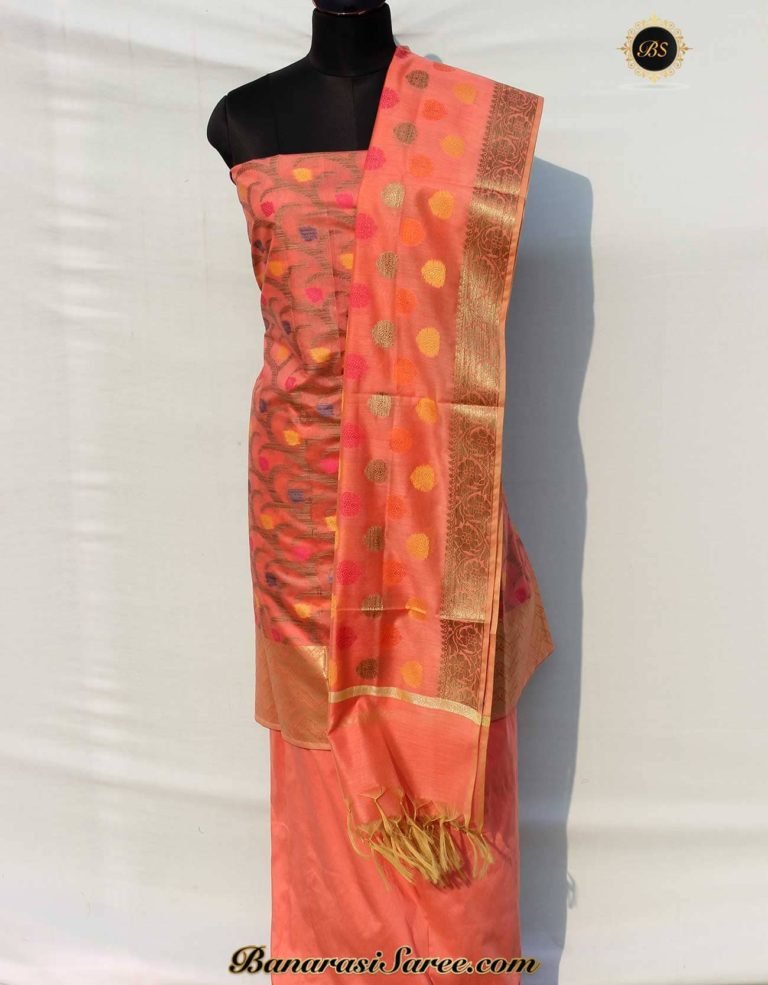 Banarasi Handloom Multicolor Thread & Antique Zari Peach Color Suit