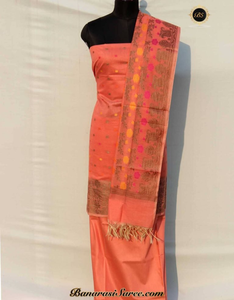 Banarasi Handloom Cotton Silk Peach Color Resham Booty Suit