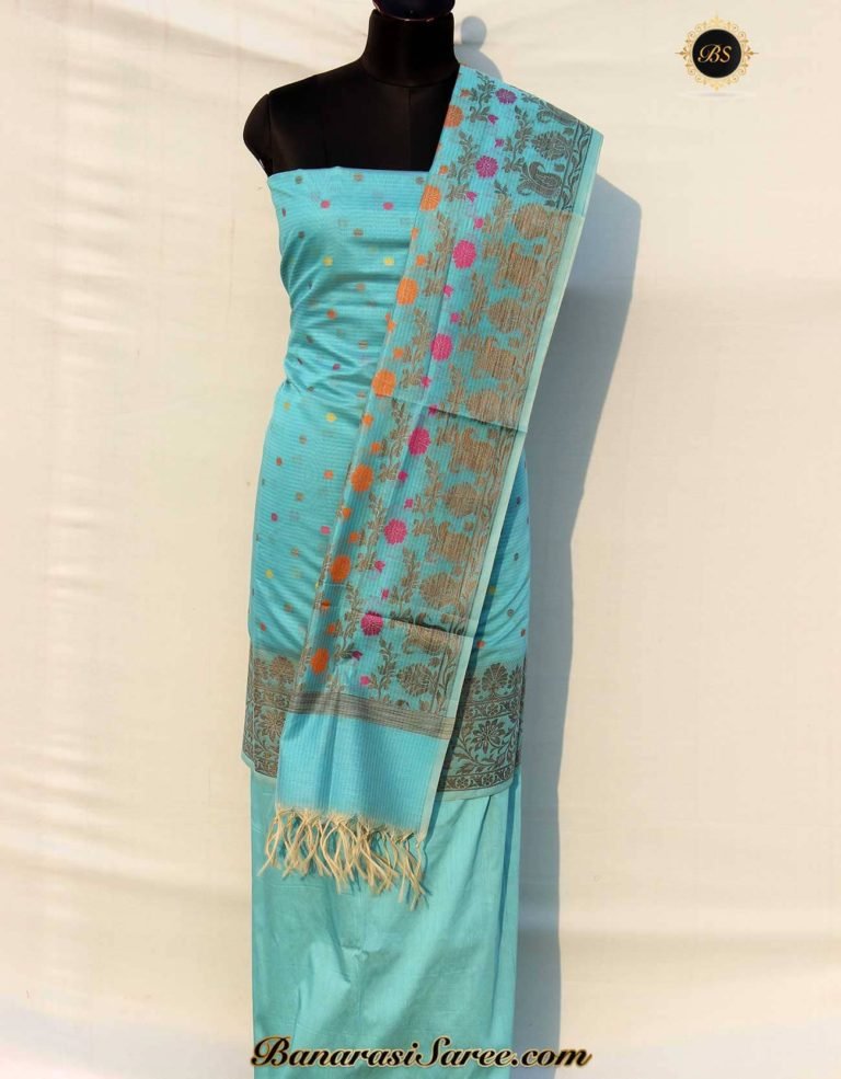 Banarasi Handloom Cotton Sky Blue Color Resham Booty Suit