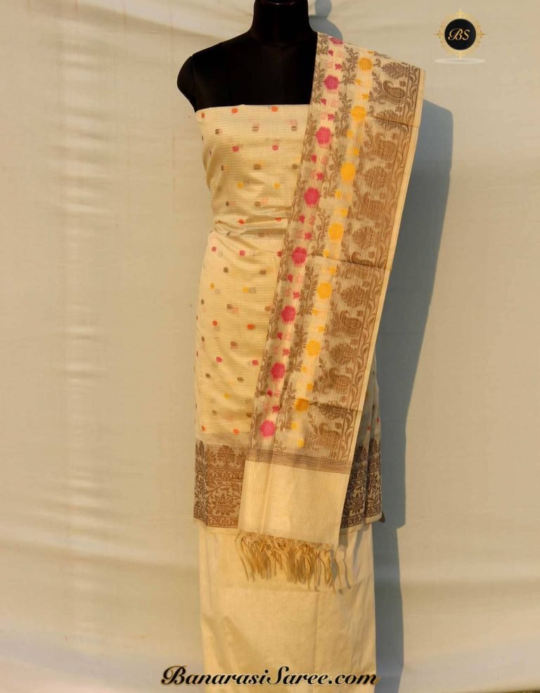Banarasi Handloom Cotton Silk Off White Color Resham Booty Suit
