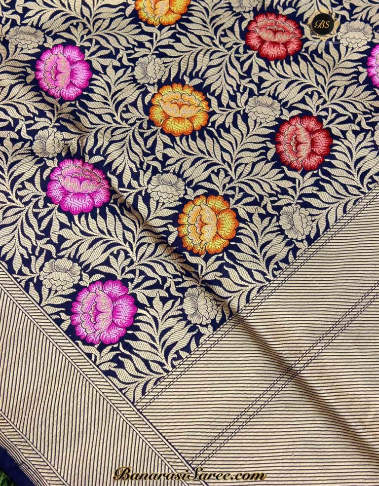 Pure Banarasi Handloom Katan Silk Navy Blue Color Vasket Saree - Image 2