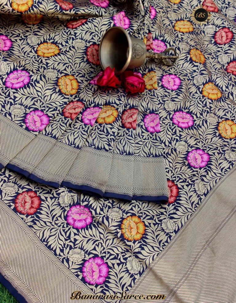 Pure Banarasi Handloom Katan Silk Navy Blue Color Vasket Saree