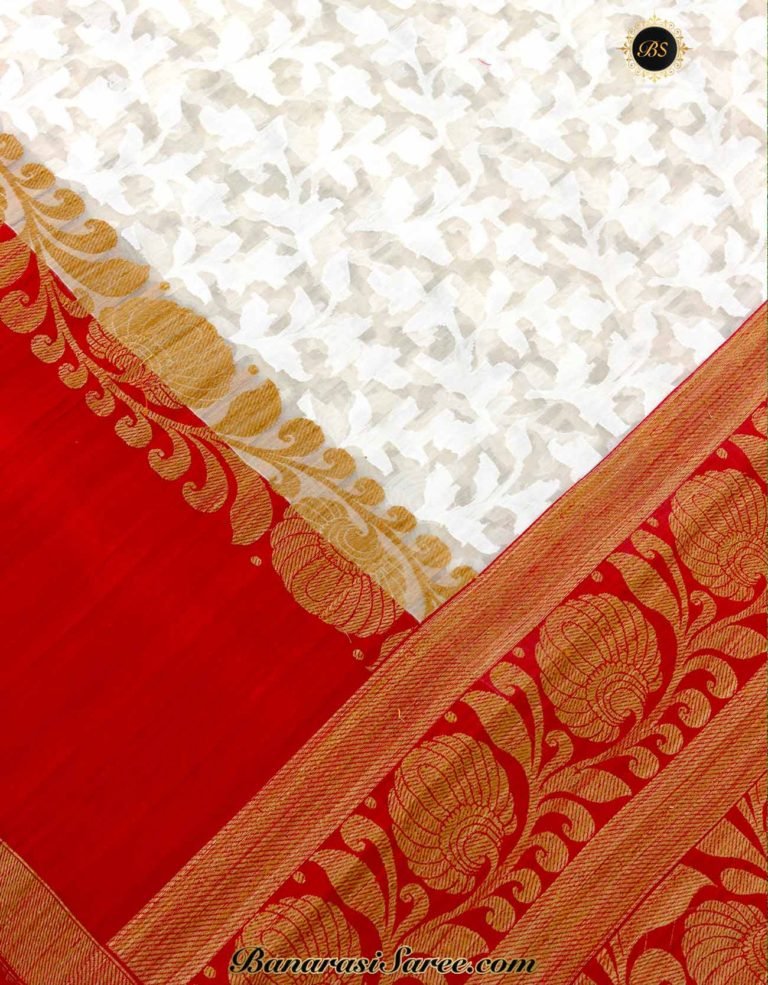 Pure Banarasi Handloom Off white- Red Saree - Image 2