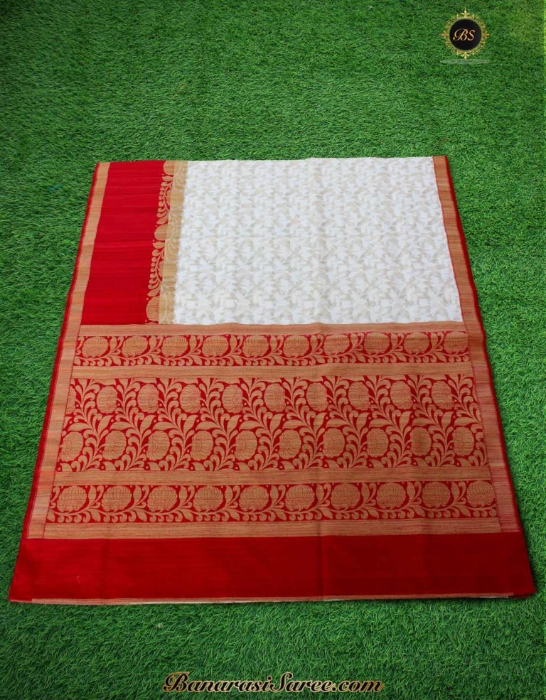 Pure Banarasi Handloom Off white- Red Saree - Image 3