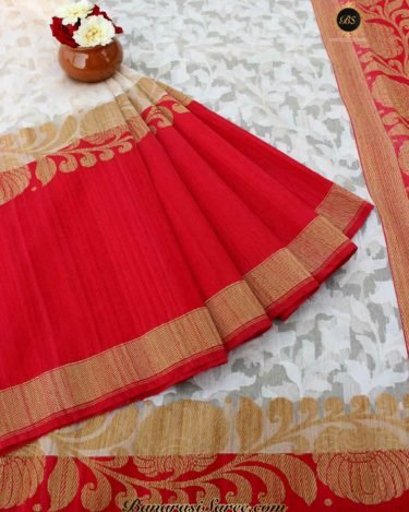 Pure Banarasi Handloom Off white- Red Saree