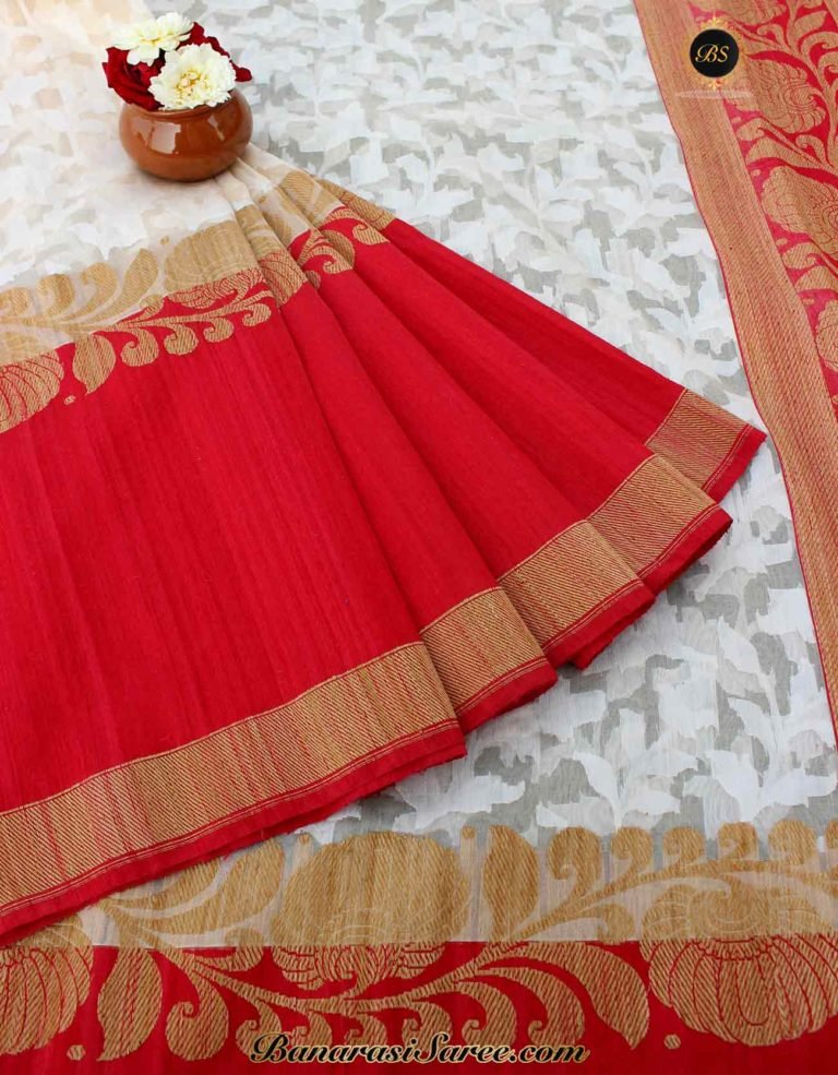 Pure Banarasi Handloom Off white- Red Saree