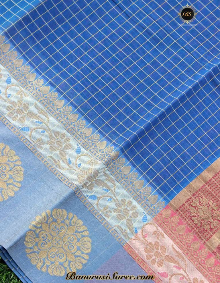 Banarasi Handloom Soft Cotton Silk Zari Check Saree - Image 2