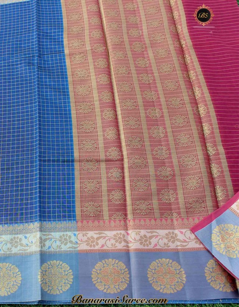 Banarasi Handloom Soft Cotton Silk Zari Check Saree - Image 3