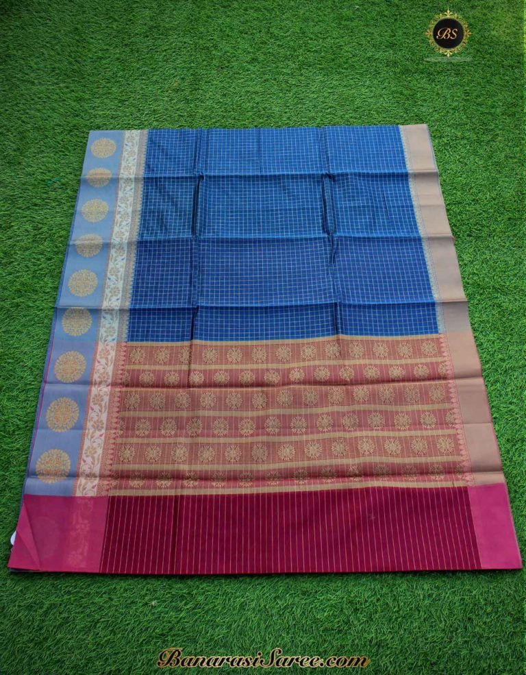 Banarasi Handloom Soft Cotton Silk Zari Check Saree - Image 4