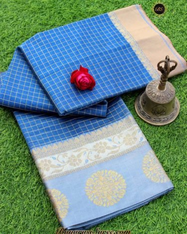 Banarasi Handloom Soft Cotton Silk Zari Check Saree