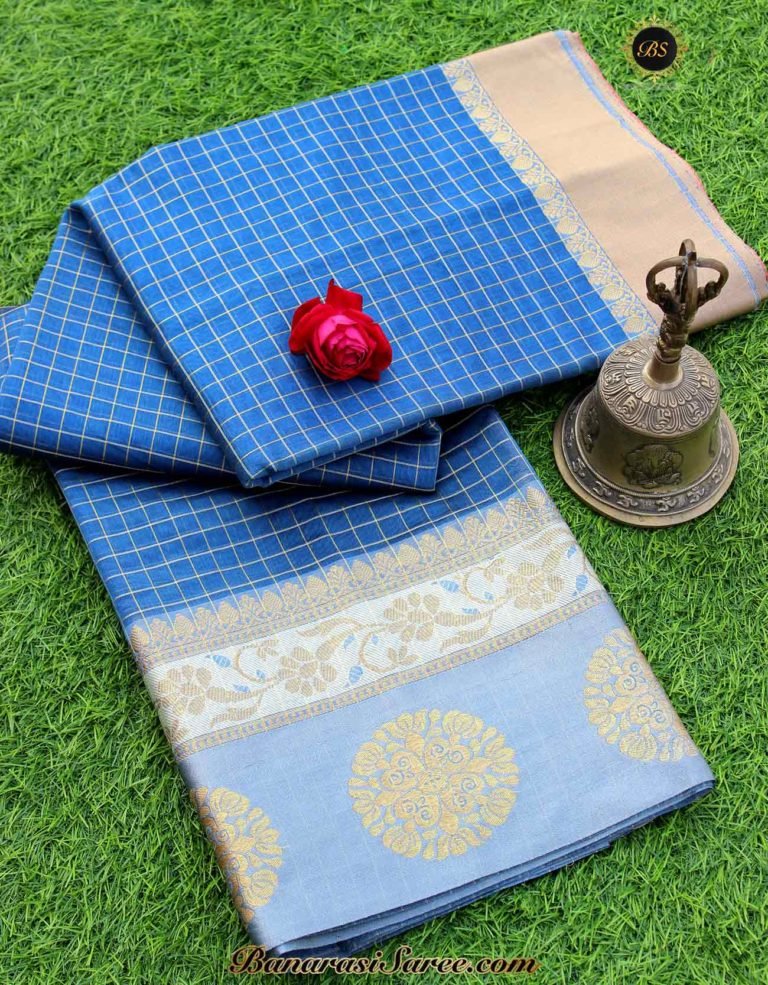 Banarasi Handloom Soft Cotton Silk Zari Check Saree