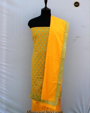 Banarasi Handloom Cotton Silk Yellow Color Leaf Booty Suit