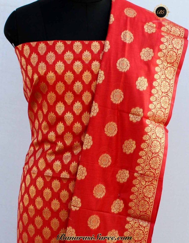 Banarasi Handloom Cotton Silk Red Color Golden Zari Booty Suit - Image 3