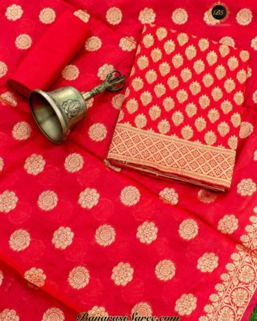 Banarasi Handloom Cotton Silk Red Color Golden Zari Booty Suit
