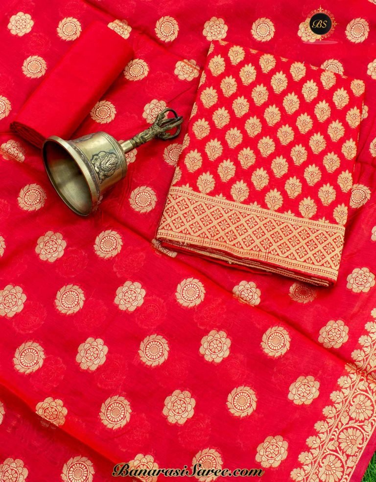 Banarasi Handloom Cotton Silk Red Color Golden Zari Booty Suit