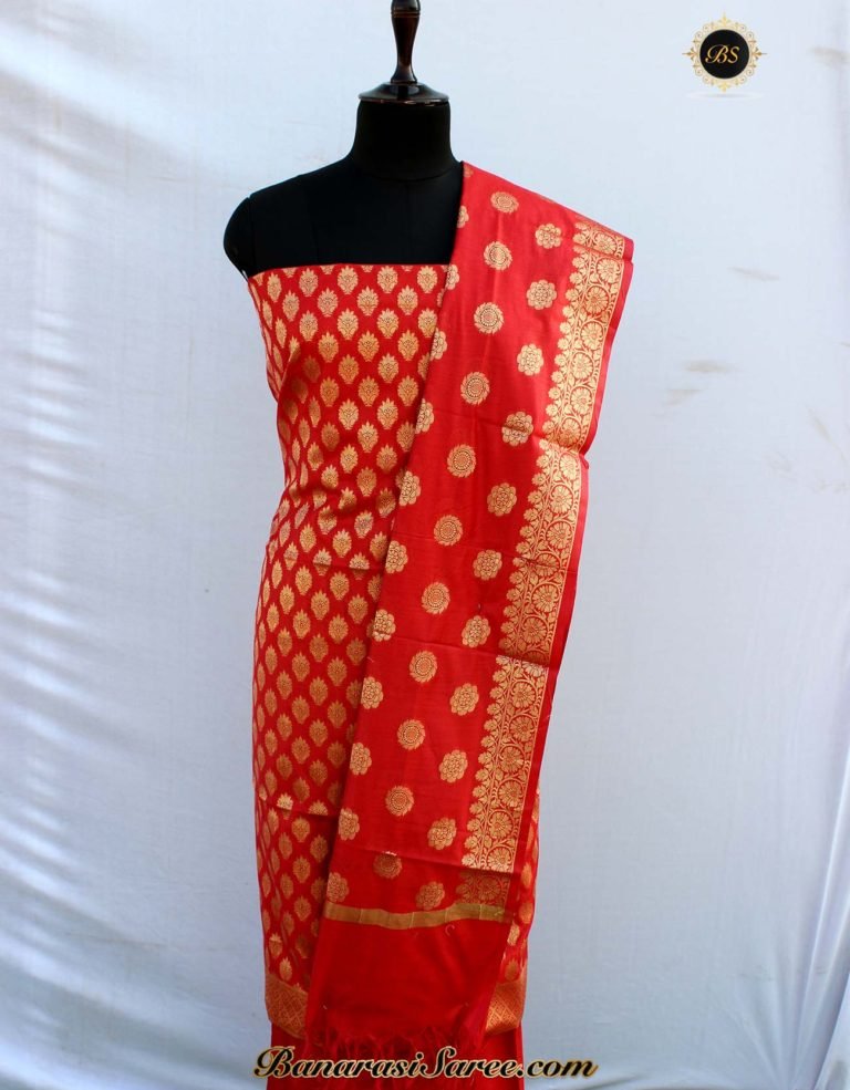 Banarasi Handloom Cotton Silk Red Color Golden Zari Booty Suit - Image 2