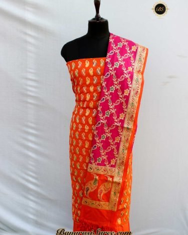 Banarasi Handloom Cotton Silk Orange-Pink Booty Suit