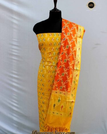 Banarasi Handloom Cotton Silk Yellow-Orange Booty Suit