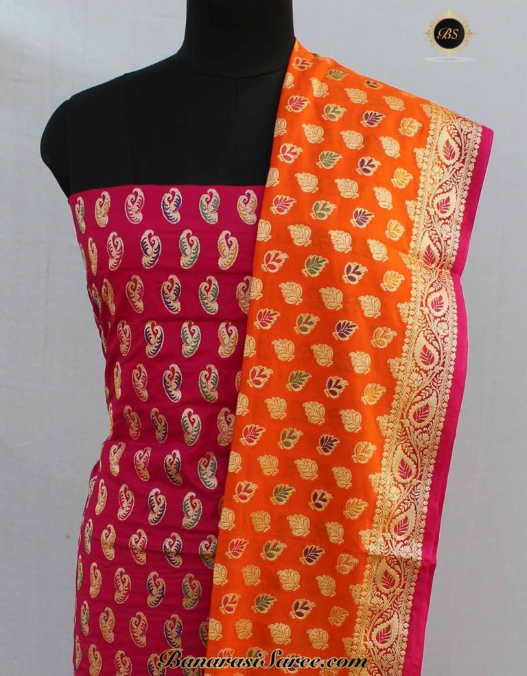 Banarasi Handloom Cotton Silk Pink Orange Suit - Image 3