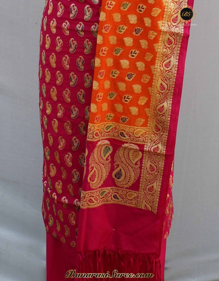 Banarasi Handloom Cotton Silk Pink Orange Suit - Image 4
