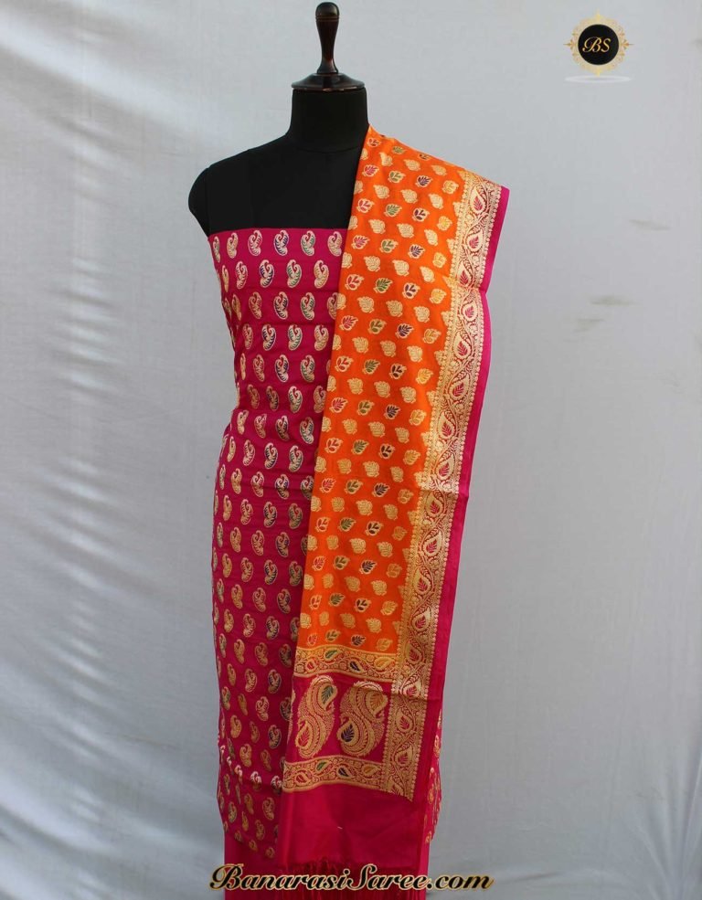 Banarasi Handloom Cotton Silk Pink Orange Suit - Image 2
