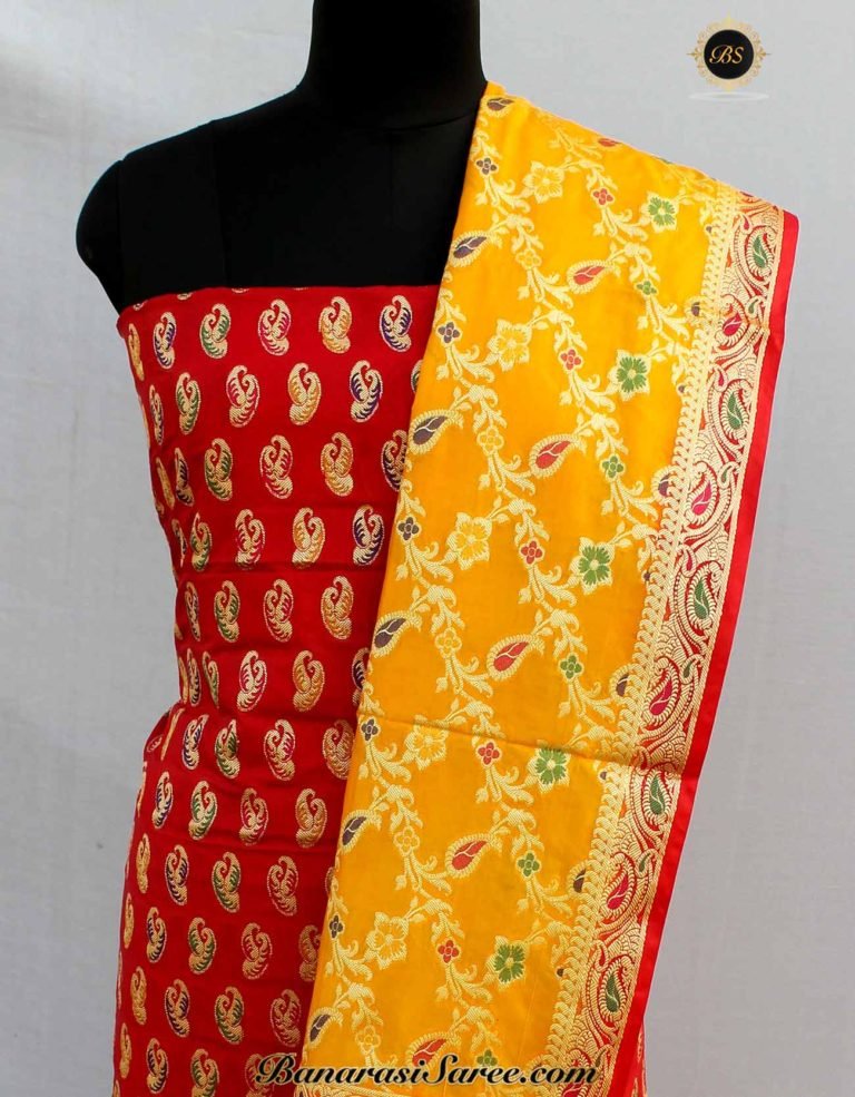 Banarasi Handloom Cotton Silk Red-Yellow Suit - Image 3