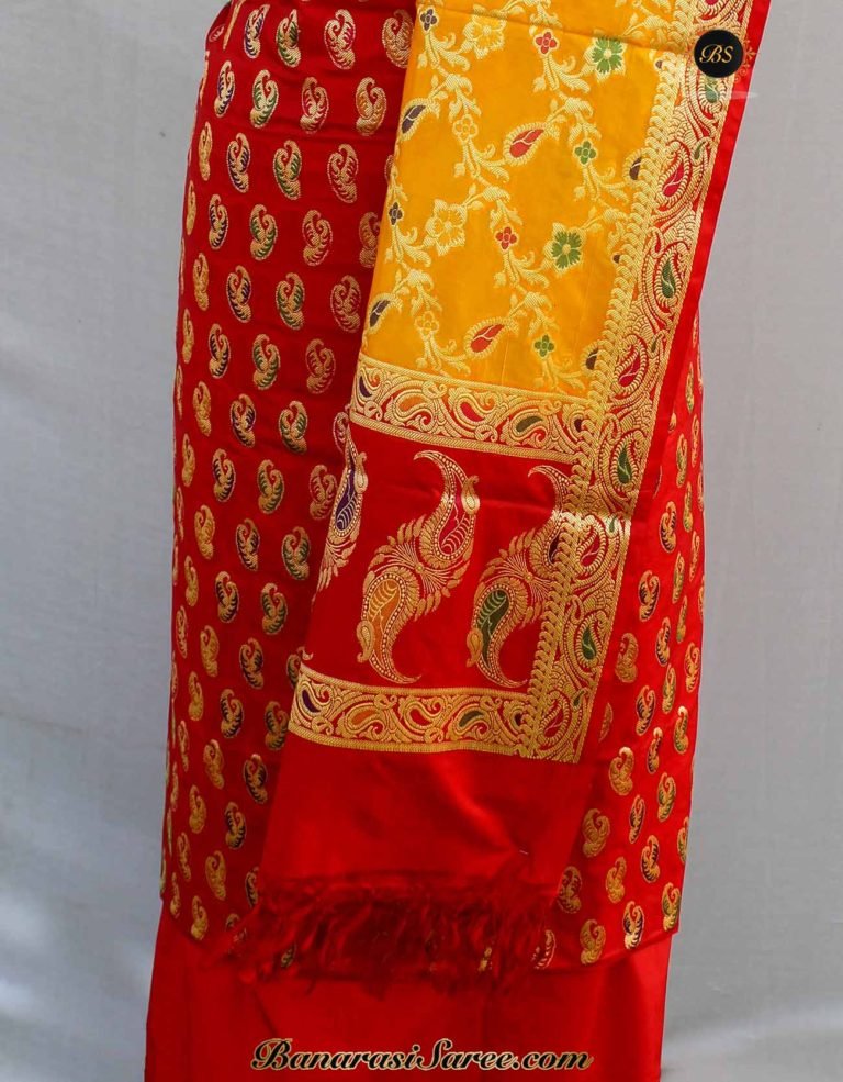 Banarasi Handloom Cotton Silk Red-Yellow Suit - Image 4