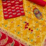 Banarasi Handloom Cotton Silk Red-Yellow Suit