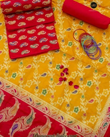 Banarasi Handloom Cotton Silk Red-Yellow Suit