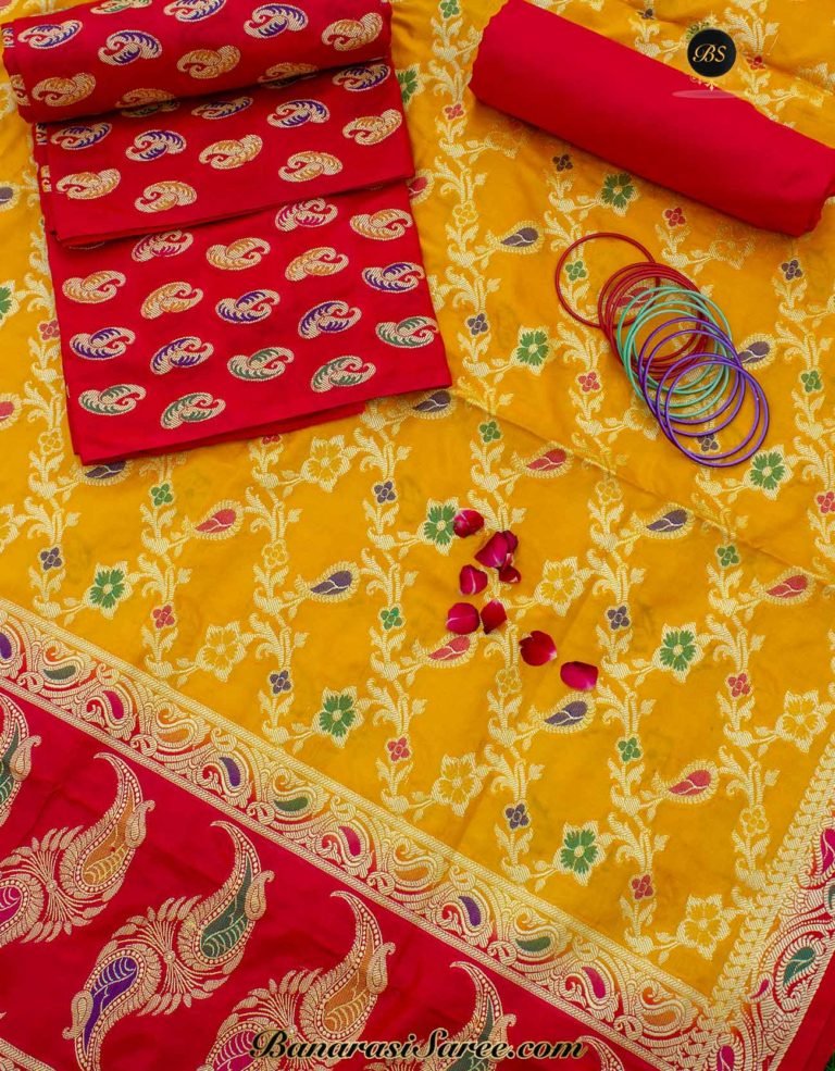 Banarasi Handloom Cotton Silk Red-Yellow Suit