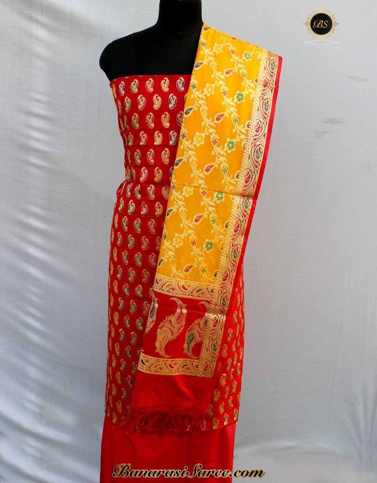 Banarasi Handloom Cotton Silk Red-Yellow Suit - Image 2