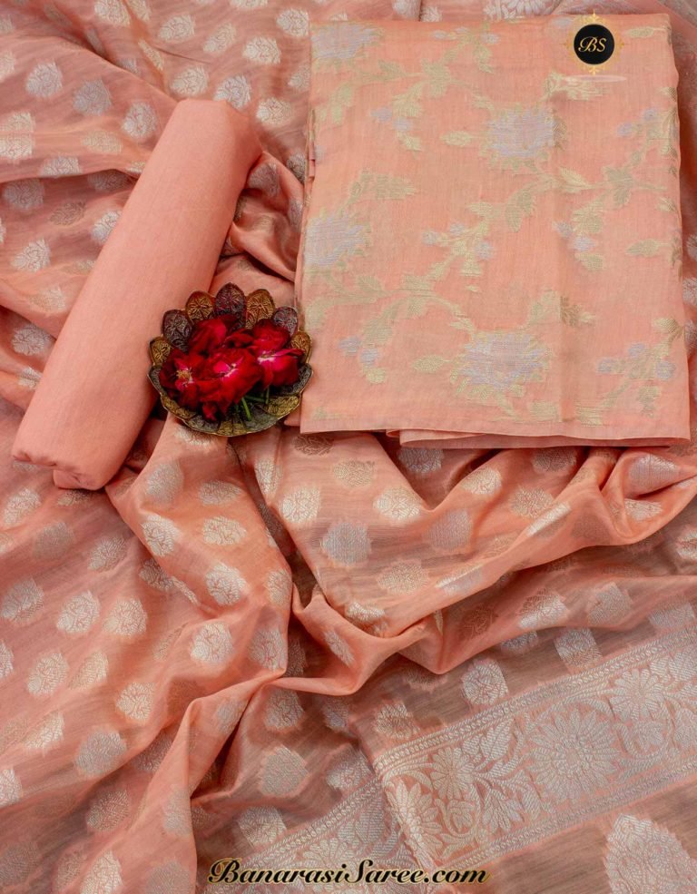 Banarasi Handloom Cotton Silk Peach Color Sona Roopa Suit