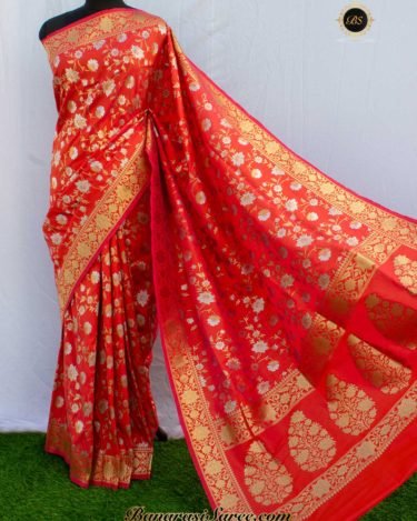Banarasi Handloom Soft Silk Dark Orange Sona Roopa Jaal Saree