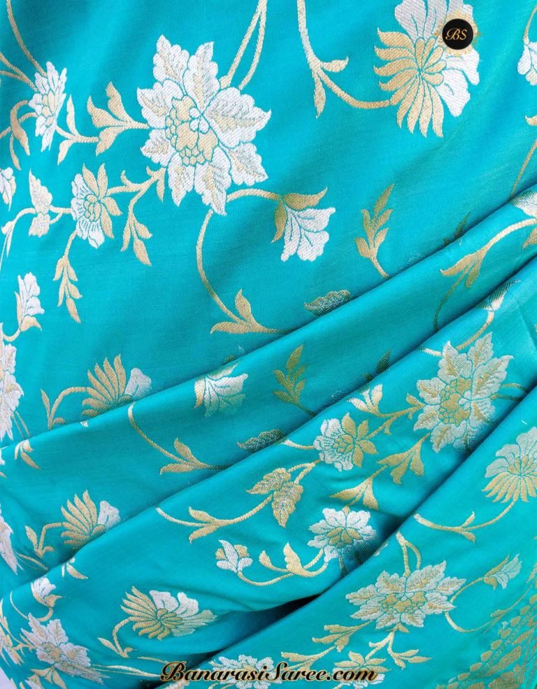 Banarasi Handloom Soft Silk Sea Green Sona Roopa Jaal Saree - Image 3