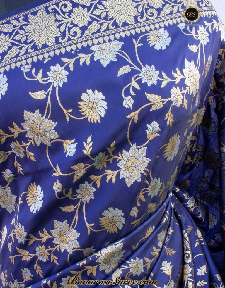 Banarasi Handloom Soft Silk Navy Blue Sona Roopa Jaal Saree - Image 2