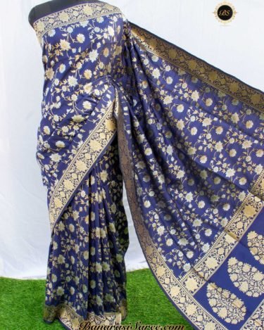 Banarasi Handloom Soft Silk Navy Blue Sona Roopa Jaal Saree