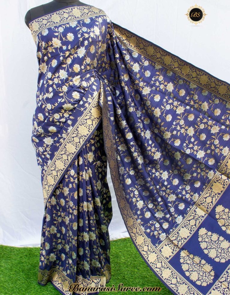 Banarasi Handloom Soft Silk Navy Blue Sona Roopa Jaal Saree